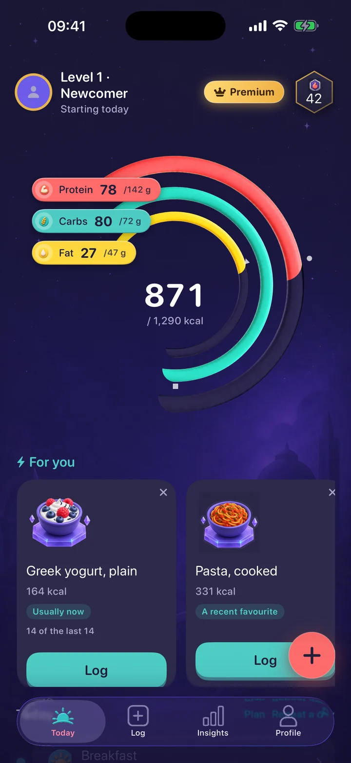 Movyneo Today screen showing calorie ring, macro targets and suggested meals