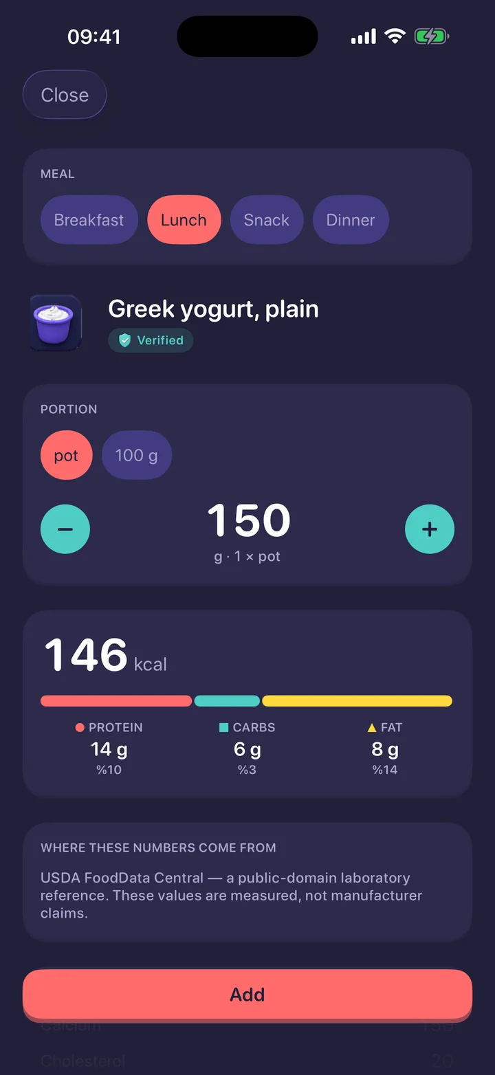 Food detail screen showing portion, macros and the data source of the numbers