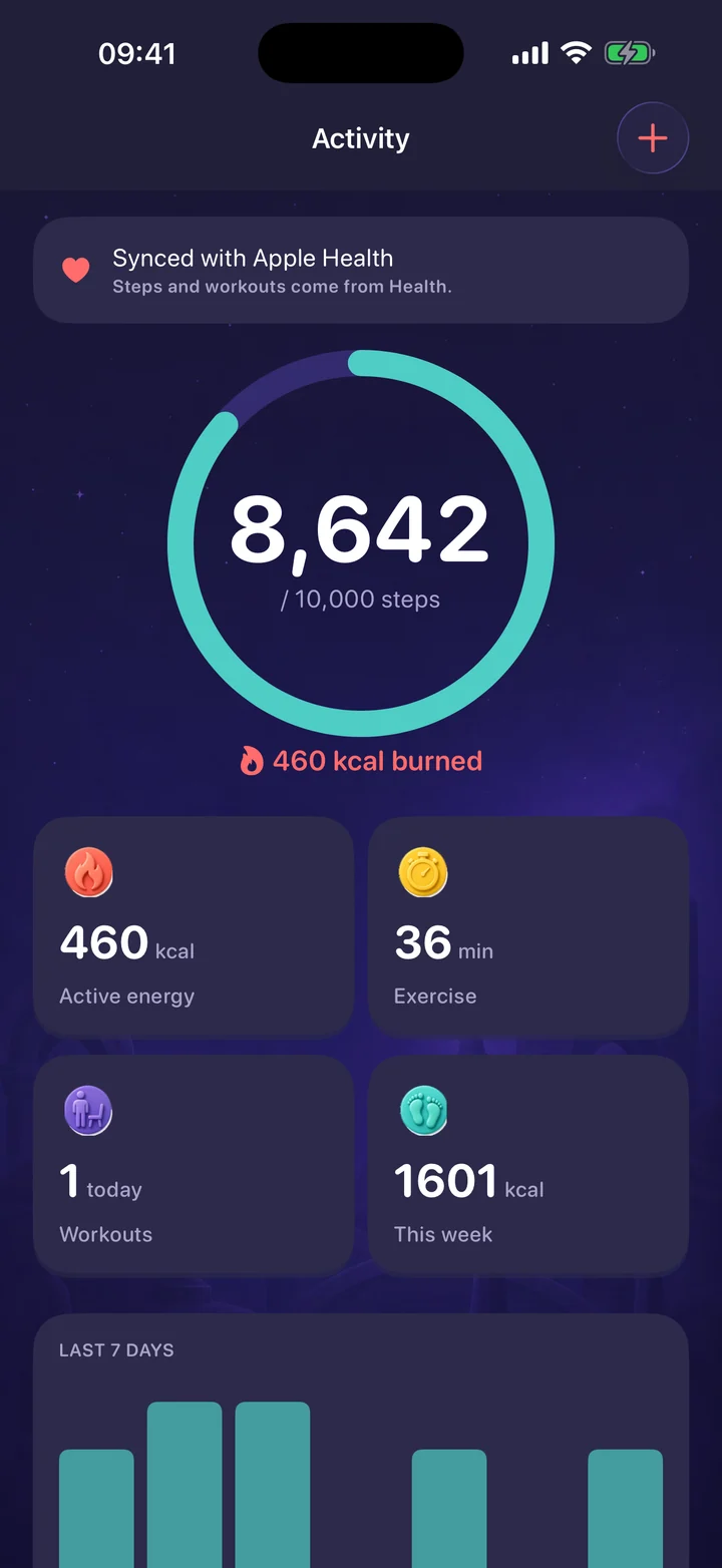 Activity screen showing steps, active energy and workouts from Apple Health